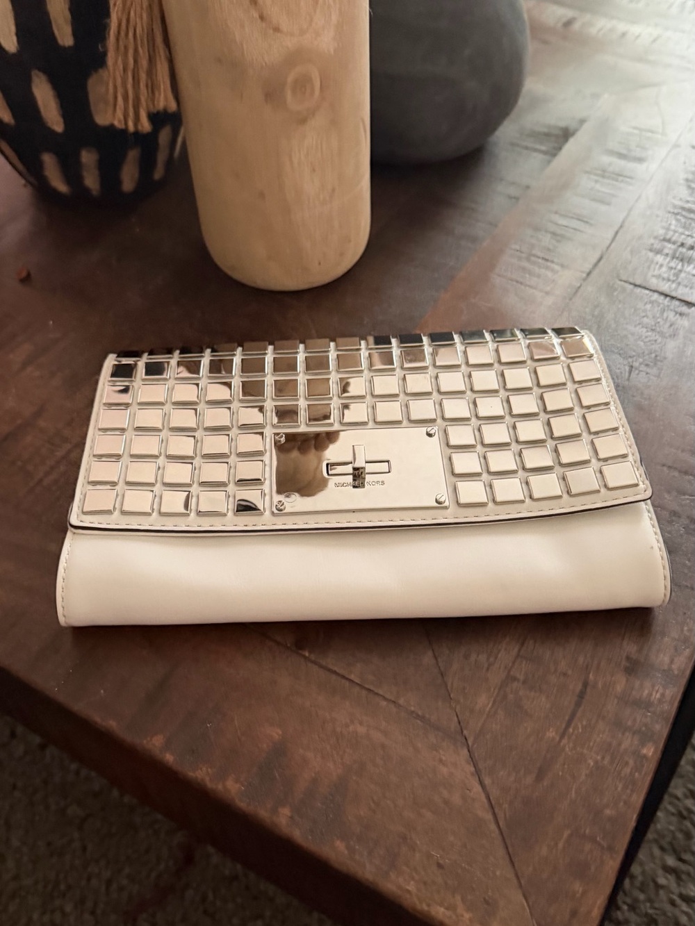 NWT Michael Kors Natalia Tile Studded Leather Clutch White MSRP $378